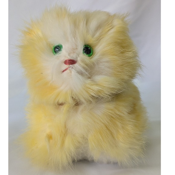 Other - Vintage Yellow Kitten Plush Real Fur Jerry Eisner ?  Green Eyes Pink Ears